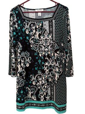 White House Black Market Tunic L Black Green Square Neck Geometric Boho Festival